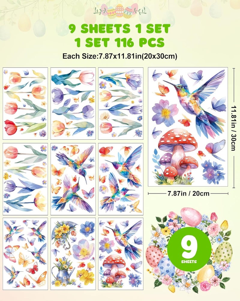 JMHACHY Easter Window Clings Decorations - 9 Sheets Easter Flower Window Clings, Colorful Hummingbirds, Butterflies Stickers for Glass Windows, Double-Sided Static Decals - Image 4